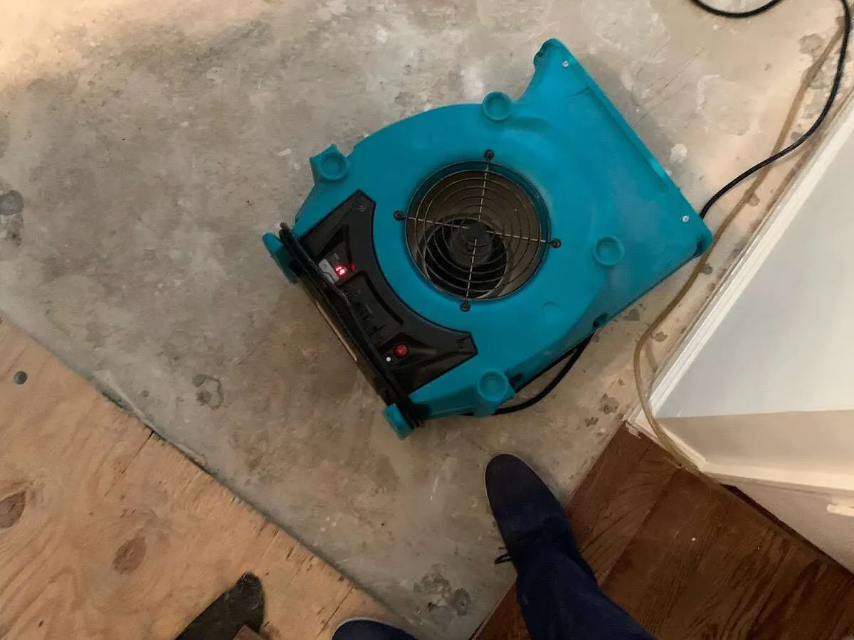 Air mover drying subfloor during Commercial Water Damage Restoration in Carmichael